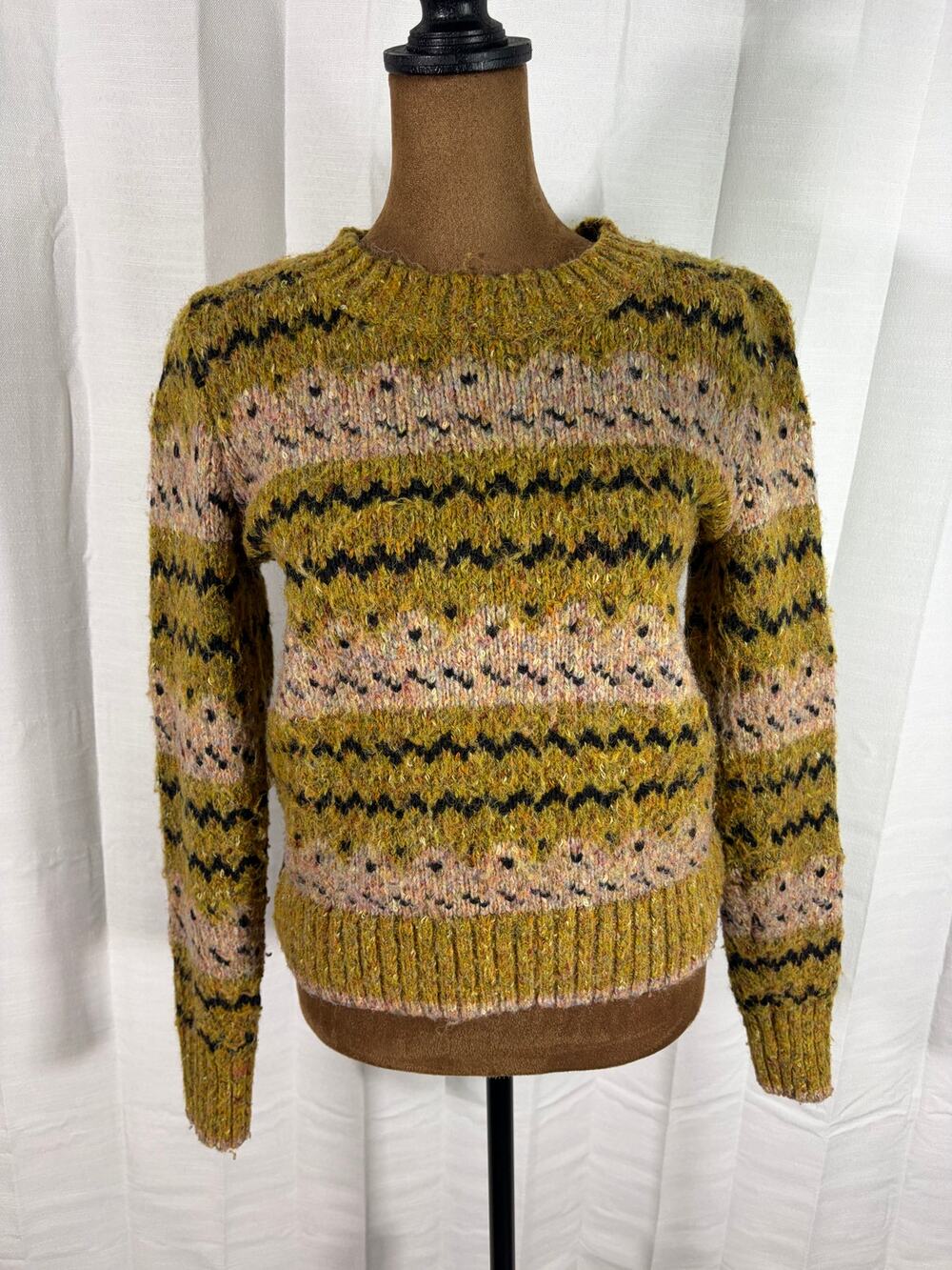 LOFT Fair Isle Sweater XS Mustard Olive Pink Fuzzy Knit Pullover